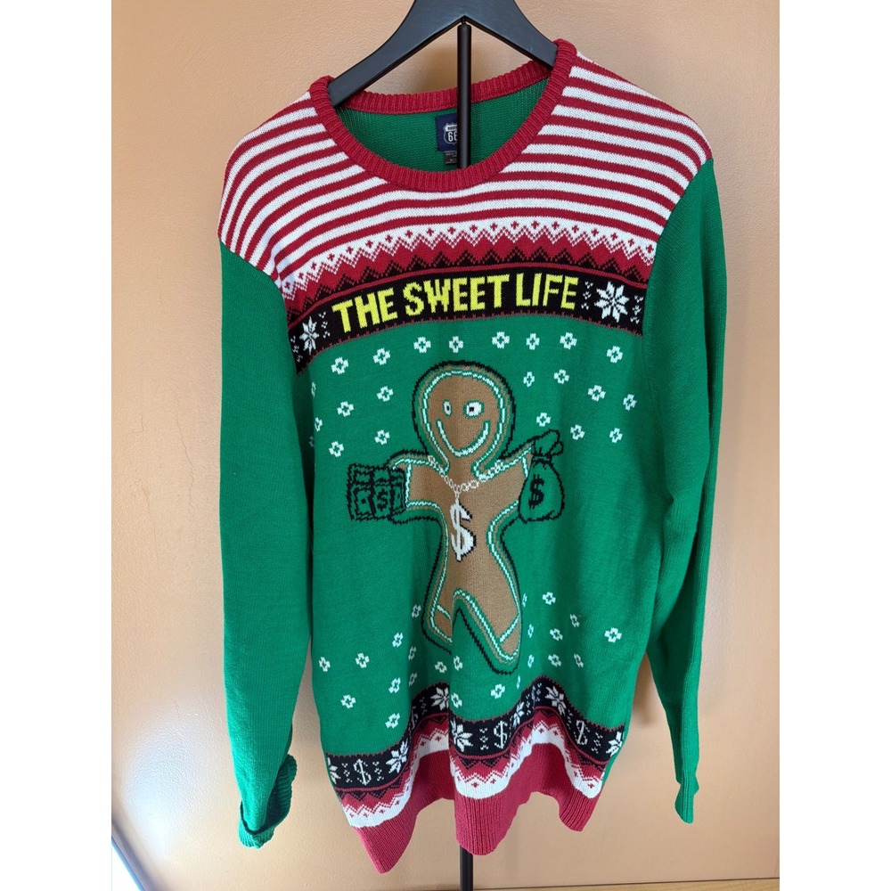 Route 66 Mens‎ The Sweet Life Gingerbread Man Ugly Christmas Sweater Green XLT